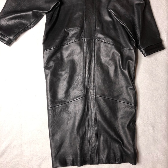 💜 Vintage 80s padded shoulder calf length tapered long leather trench coat Med - Picture 4 of 8